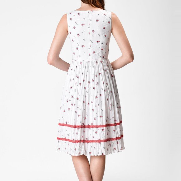 eShakti Floral Print Cotton Lattice Trim Dress - Picture 3 of 10